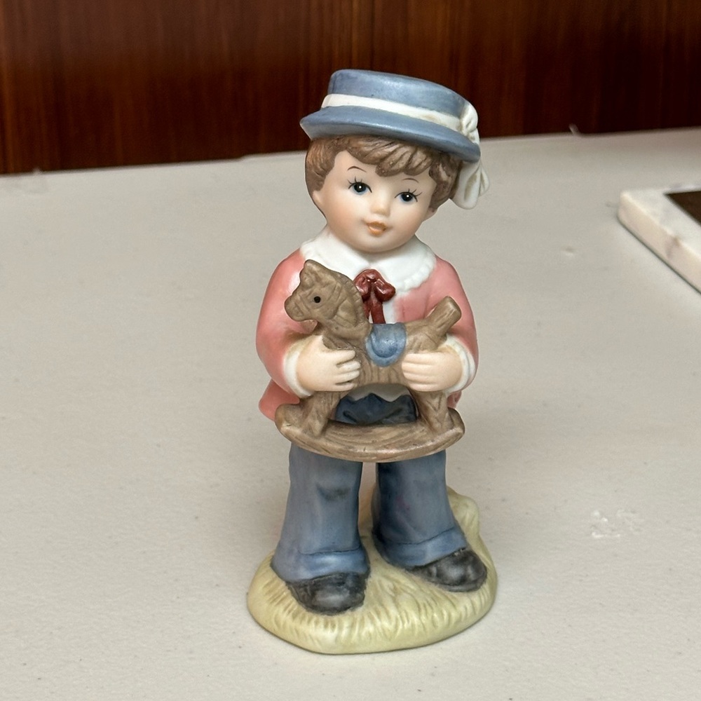 Homco Porcelain figurine Victorian Boy with Rocking Horse toy